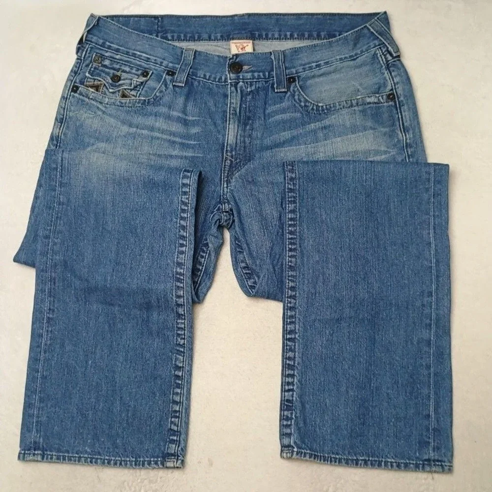 True Religion Jeans Men 38x34 Blue Straight Light Wash Billy Super T Embroidered